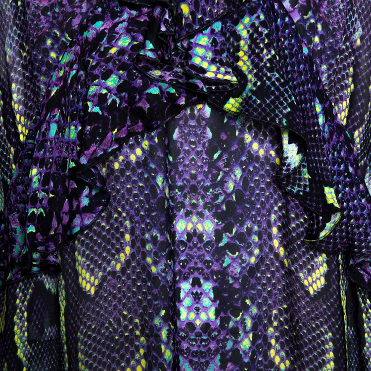 مملوكة مسبقًا Roberto Cavalli Purple Snakeskin Print Silk Ruffles Maxi Dress L