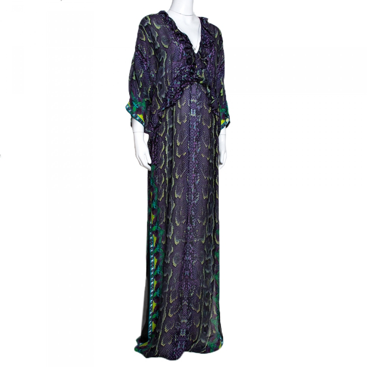 مملوكة مسبقًا Roberto Cavalli Purple Snakeskin Print Silk Ruffles Maxi Dress L