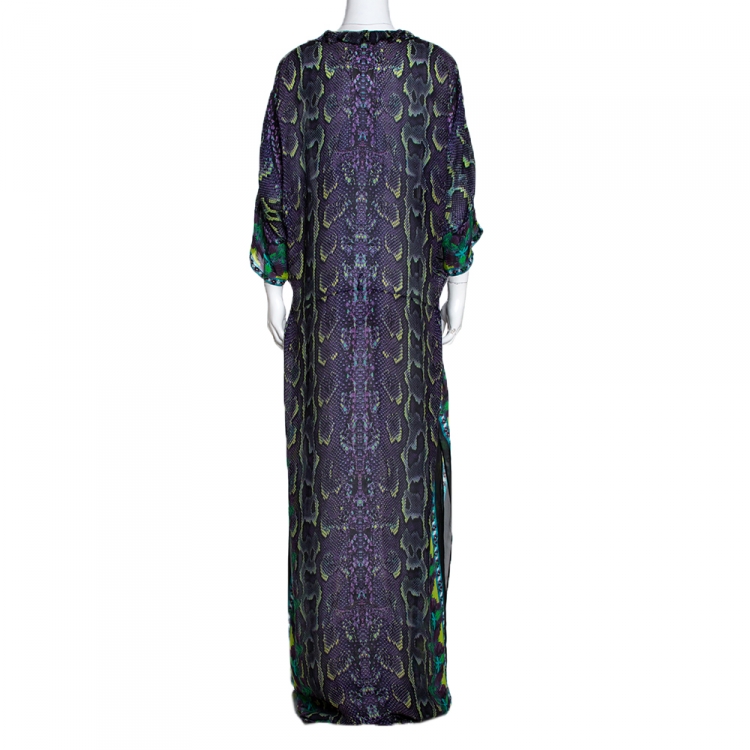 مملوكة مسبقًا Roberto Cavalli Purple Snakeskin Print Silk Ruffles Maxi Dress L