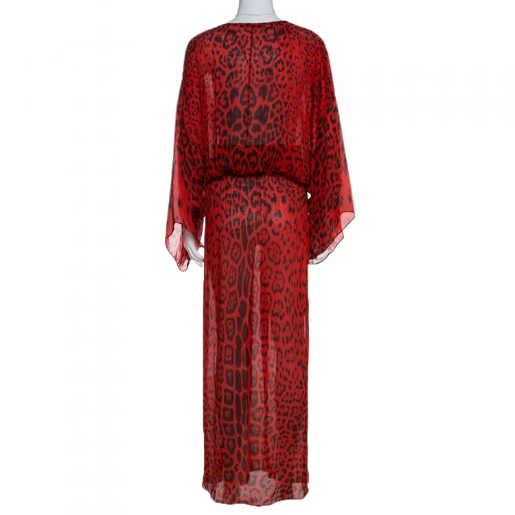 Pre Owned Roberto Cavalli Red Animal Print Silk Maxi Dress M