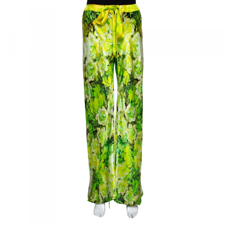 Pre Owned Roberto Cavalli Green Floral Printed Silk Pants L