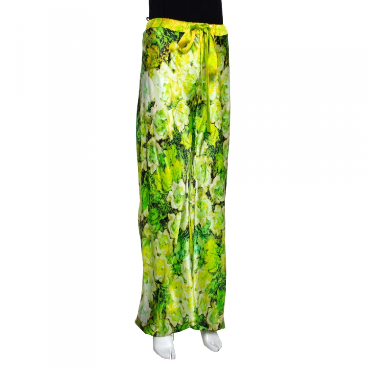 Pre Owned Roberto Cavalli Green Floral Printed Silk Pants L