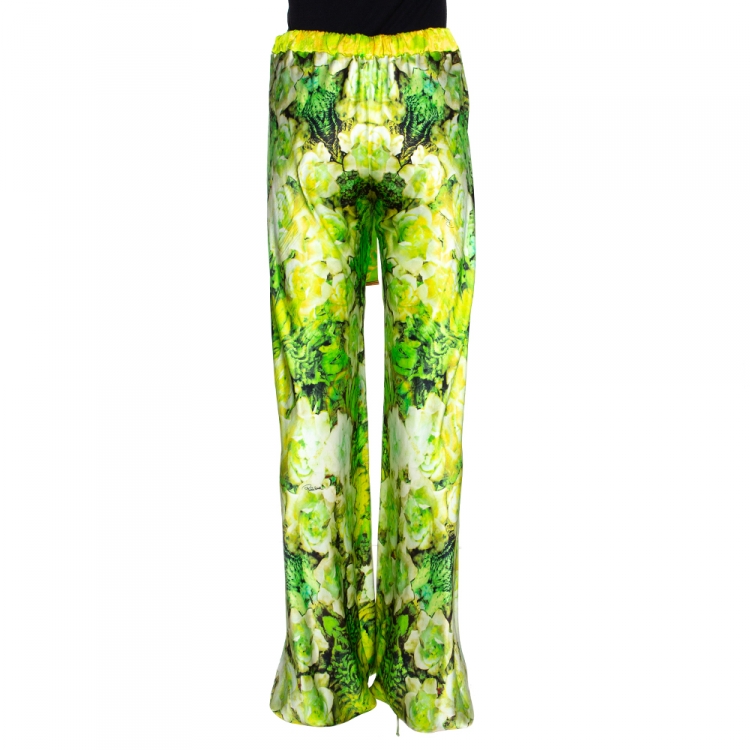 Pre Owned Roberto Cavalli Green Floral Printed Silk Pants L