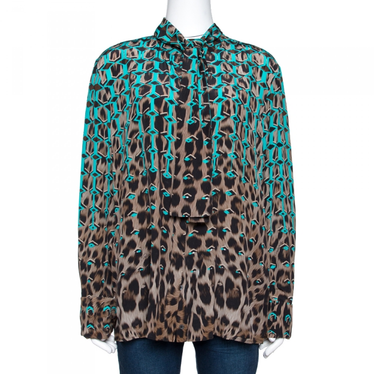 Pre Owned Roberto Cavalli Teal & Brown Honeycomb Animal Printed Silk Shirt L