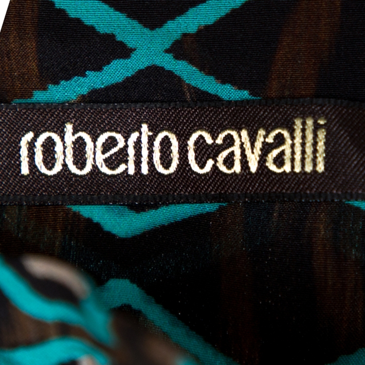 Pre Owned Roberto Cavalli Teal & Brown Honeycomb Animal Printed Silk Shirt L