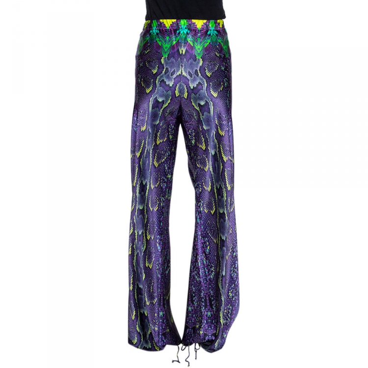 Pre Owned Roberto Cavalli Purple Tropical Snake Printed Silk Pants L 