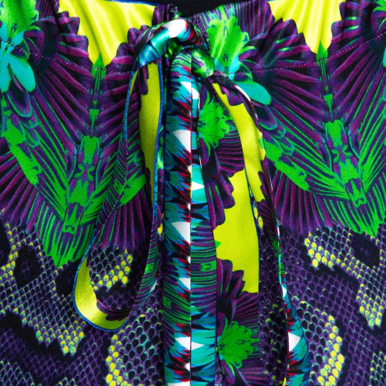 Pre Owned Roberto Cavalli Purple Tropical Snake Printed Silk Pants L 