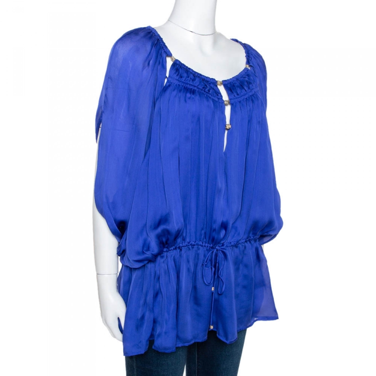 Pre Owned Roberto Cavalli Blue Silk Ruched Detail Tunic Top L 