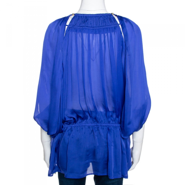 Pre Owned Roberto Cavalli Blue Silk Ruched Detail Tunic Top L 