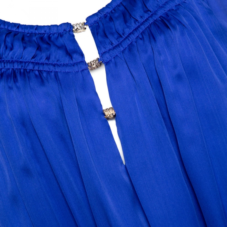 Pre Owned Roberto Cavalli Blue Silk Ruched Detail Tunic Top L 