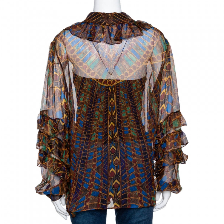 Pre Owned Roberto Cavalli Multicolor Chiffon Jewel Print Ruffled Blouse L