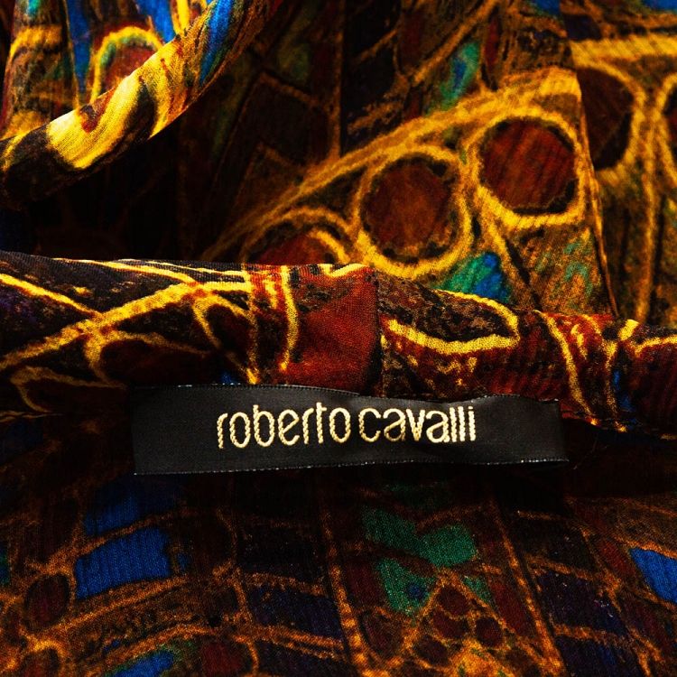 Pre Owned Roberto Cavalli Multicolor Chiffon Jewel Print Ruffled Blouse L