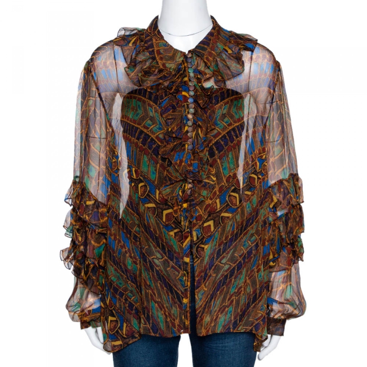 Pre Owned Roberto Cavalli Multicolor Chiffon Jewel Print Ruffled Blouse L