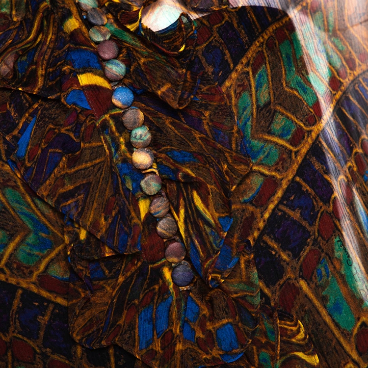 Pre Owned Roberto Cavalli Multicolor Chiffon Jewel Print Ruffled Blouse L