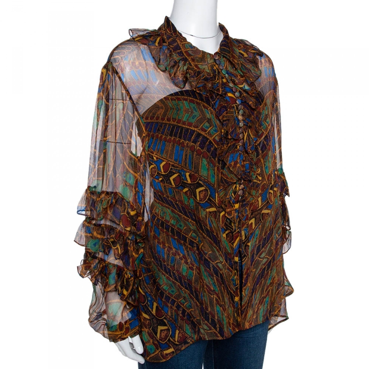 Pre Owned Roberto Cavalli Multicolor Chiffon Jewel Print Ruffled Blouse L