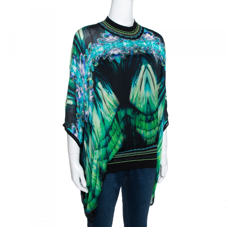 مملوكة مسبقًا Roberto Cavalli Multicolor Printed Silk & Knit Trim Kaftan Top L