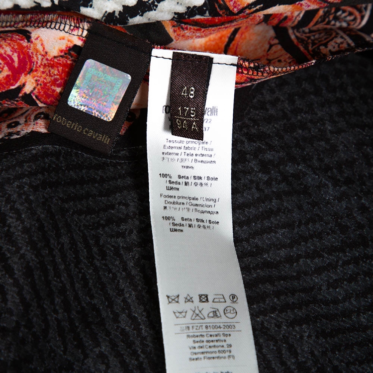 Pre Owned Roberto Cavalli Monochrome Contrast Floral Printed Silk Maxi Skirt L