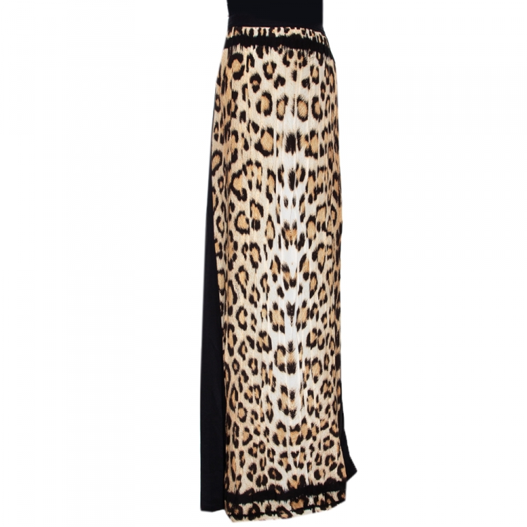 Pre Owned Roberto Cavalli Two Tone Leopard Printed Silk Pleated Maxi Skirt L