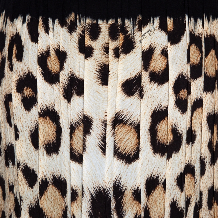 Pre Owned Roberto Cavalli Two Tone Leopard Printed Silk Pleated Maxi Skirt L