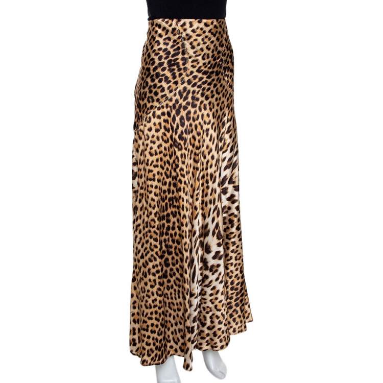 Pre Owned Roberto Cavalli Beige Satin Leopard Print Maxi Skirt L 