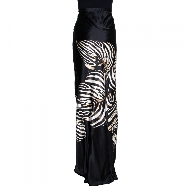 Pre Owned Roberto Cavalli Two Tone Silk Satin Animal Print Maxi Skirt L 