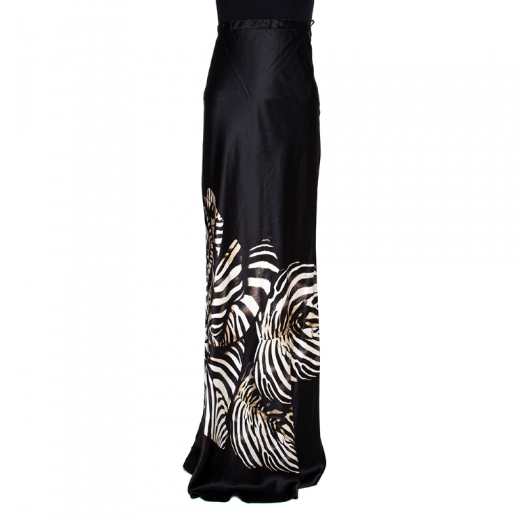 Pre Owned Roberto Cavalli Two Tone Silk Satin Animal Print Maxi Skirt L 