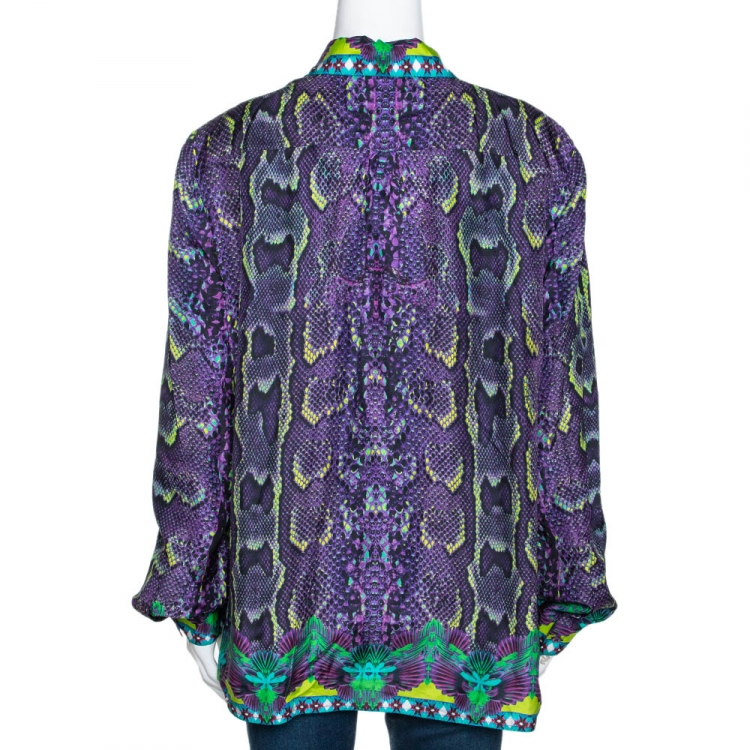 Pre Owned Roberto Cavalli Purple Snake Print Silk Button Front Shirt L