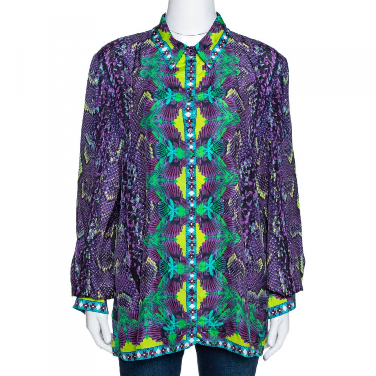 Pre Owned Roberto Cavalli Purple Snake Print Silk Button Front Shirt L