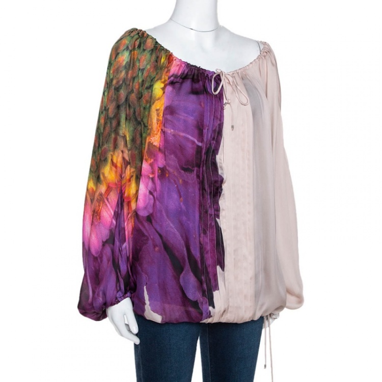 Pre Owned Roberto Cavalli Purple Abstract Print Silk Sheer Kaftan Top M