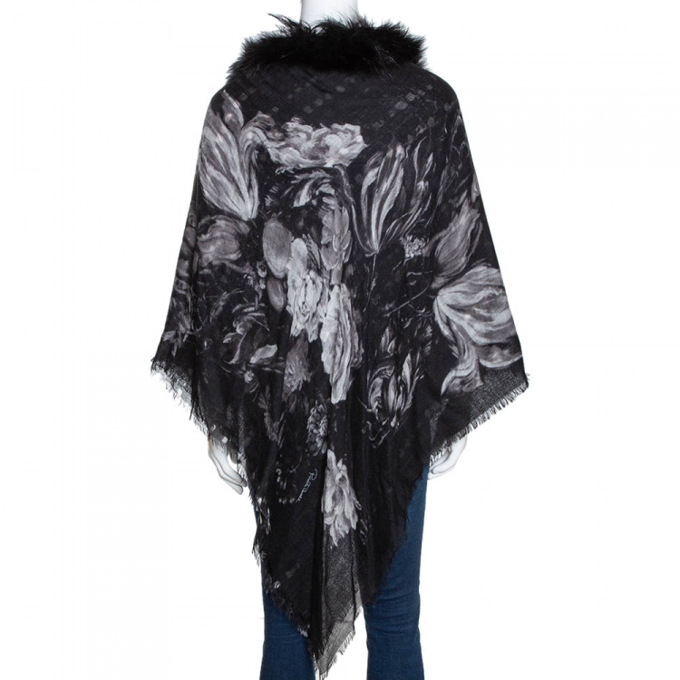 Pre Owned Roberto Cavalli Black Printed Cashmere Fur Lined Poncho (One Size)