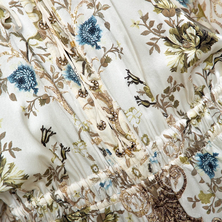 Pre Owned Roberto Cavalli Cream Floral Shimmer Print Silk Ruched Blouse L