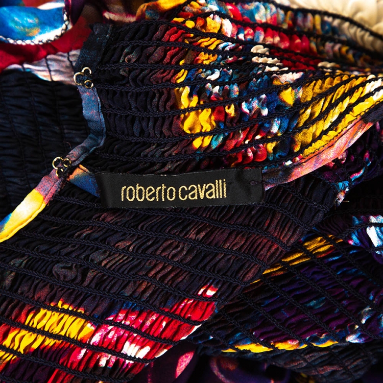 مملوكة مسبق�ًا Roberto Cavalli Purple Printed Silk Smocked Sheer Blouse L