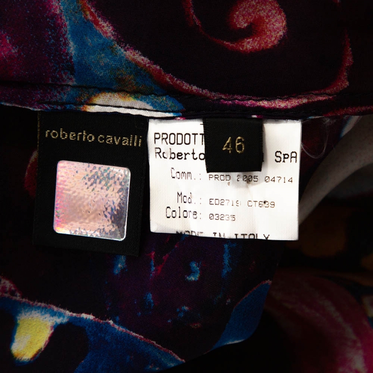 مملوكة مسبقًا Roberto Cavalli Purple Printed Silk Smocked Sheer Blouse L