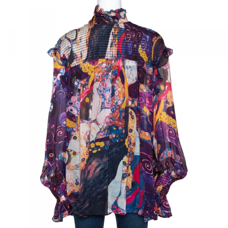 مملوكة مسبقًا Roberto Cavalli Purple Printed Silk Smocked Sheer Blouse L