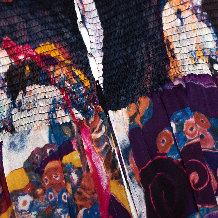 مملوكة مسبقًا Roberto Cavalli Purple Printed Silk Smocked Sheer Blouse L