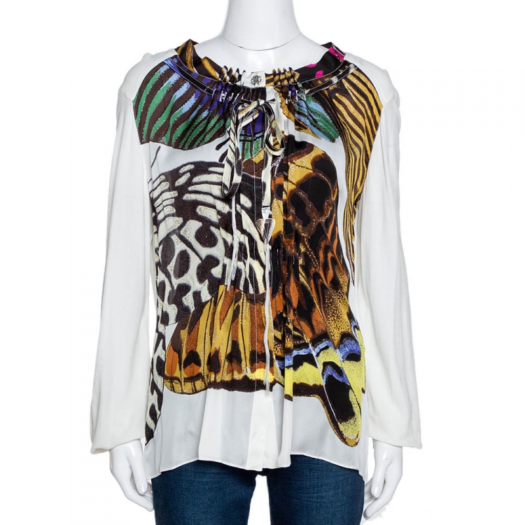 Pre Owned Roberto Cavalli Off White Printed Silk Pleated Blouse M