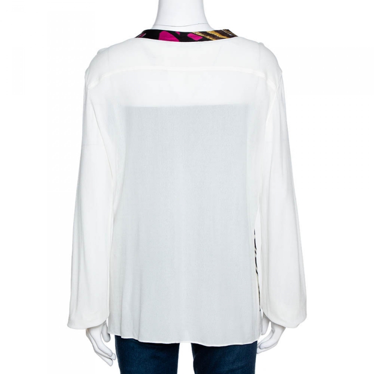 Pre Owned Roberto Cavalli Off White Printed Silk Pleated Blouse M