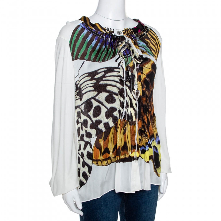 Pre Owned Roberto Cavalli Off White Printed Silk Pleated Blouse M