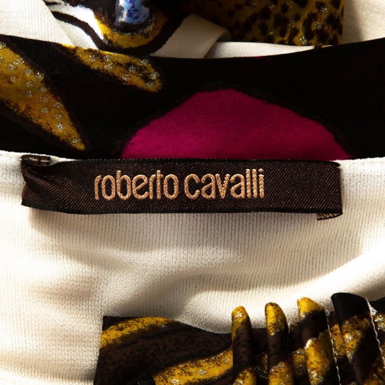 Pre Owned Roberto Cavalli Off White Printed Silk Pleated Blouse M