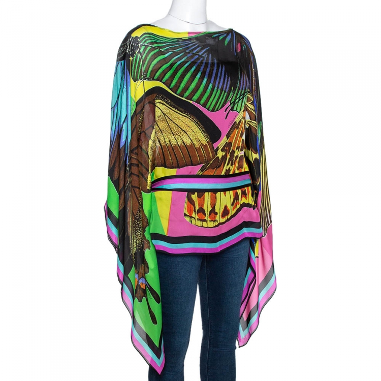 Pre Owned Roberto Cavalli Multicolor Butterfly Print Silk Sheer Belted Kaftan Top M