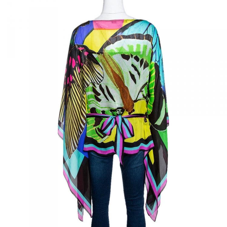 Pre Owned Roberto Cavalli Multicolor Butterfly Print Silk Sheer Belted Kaftan Top M
