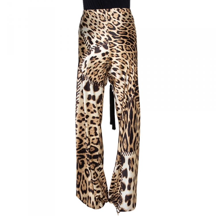 Pre Owned Roberto Cavalli Beige Leopard Print Silk Satin Flared Pants M