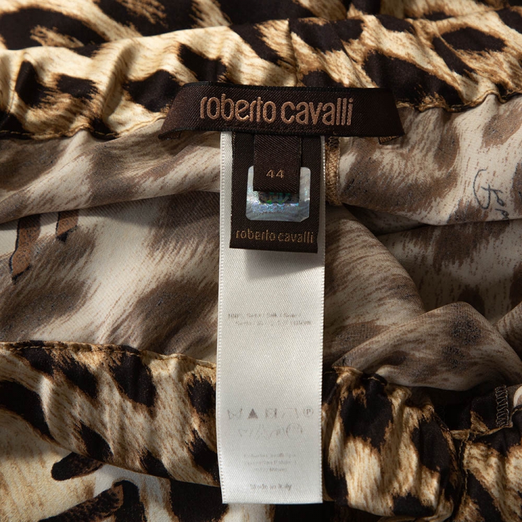 Pre Owned Roberto Cavalli Beige Leopard Print Silk Satin Flared Pants M