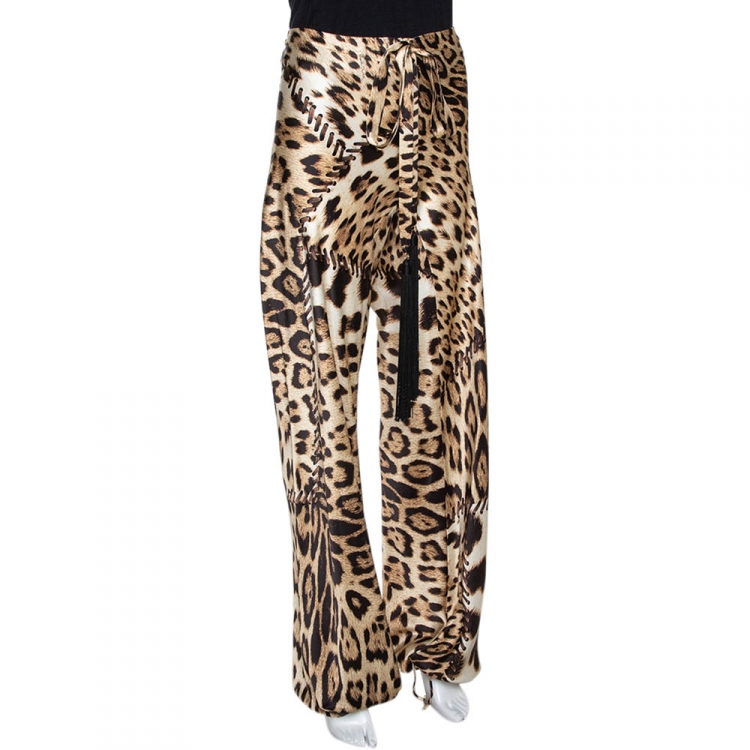 Pre Owned Roberto Cavalli Beige Leopard Print Silk Satin Flared Pants M