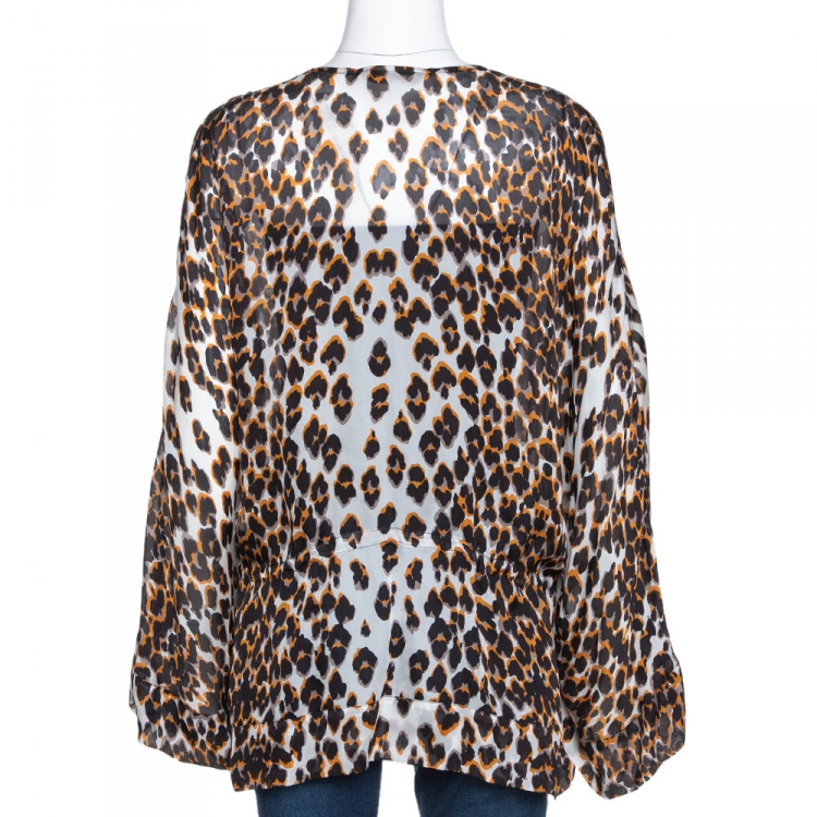 Pre Owned Roberto Cavalli Black Animal Print Silk Sheer Kaftan Top M