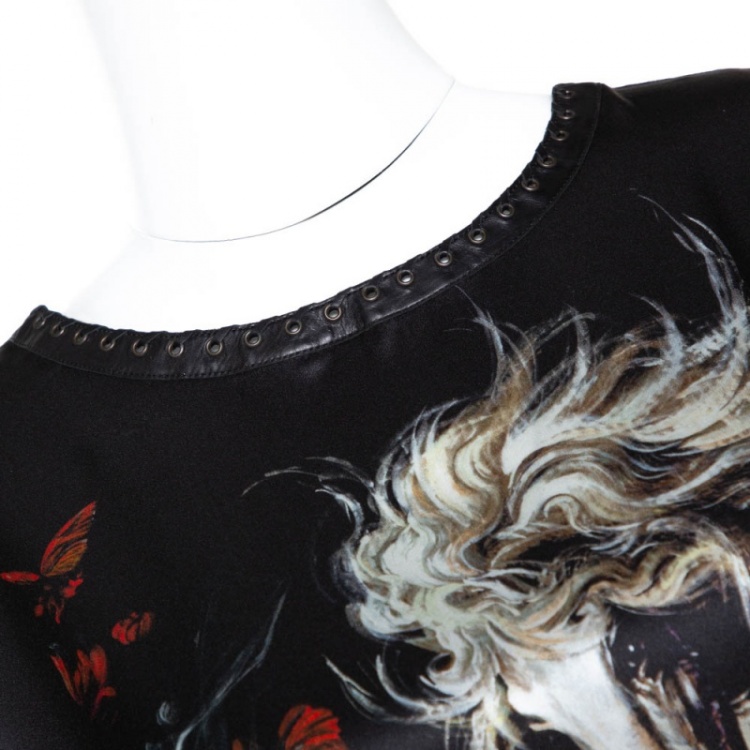 Pre Owned Roberto Cavalli Black Animal Print Silk Leather Trim Blouse L