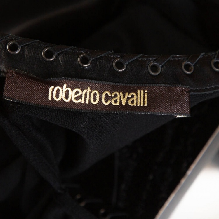 Pre Owned Roberto Cavalli Black Animal Print Silk Leather Trim Blouse L