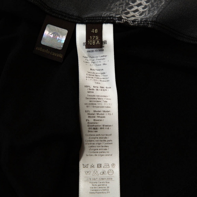 Pre Owned Roberto Cavalli Black Animal Print Silk Leather Trim Blouse L