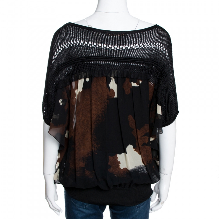 Pre Owned Roberto Cavalli Black Printed Silk Knit Paneled Sheer Blouse L