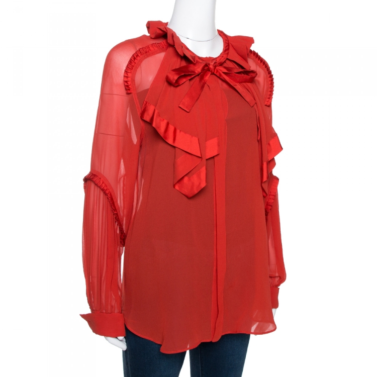 Pre Owned Roberto Cavalli Red Silk Draped Detail Ruffled Sheer Blouse L